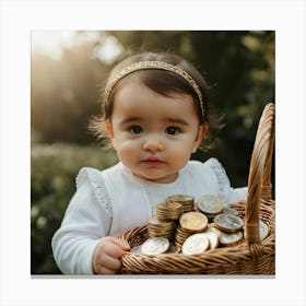 Baby Holding A Basket Of Coins Canvas Print