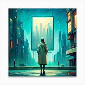 Woman In A Futuristic City Looking At A Billboard Canvas Print