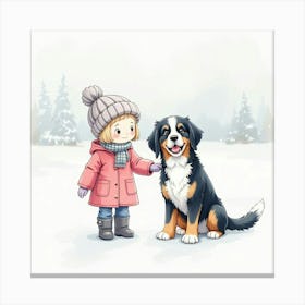 Watercolor Illustration Of A Child And A Bernese Mountain Dog In The Snow Canvas Print