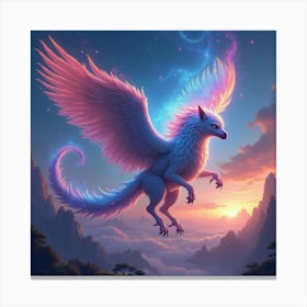 A Mythical Griffin With A Mane Of Swirling, Neon Stardust Soaring Over A Magical Landscape Canvas Print