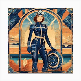 Art Deco Style Diving Woman In Navy Blue Canvas Print