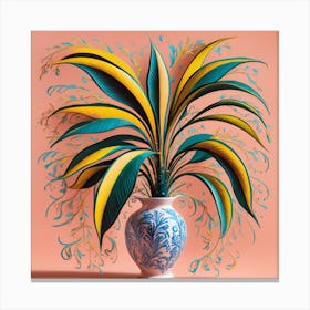 Vibrant Foliage Stylized Plant In Patterned Vase (1) Canvas Print