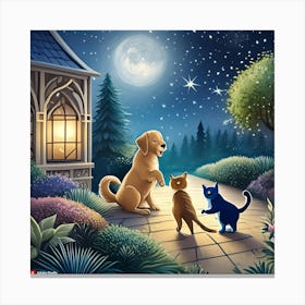 Cat And Dog At Night Canvas Print