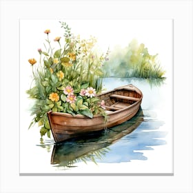 Watercolor Boat With Flowers 1 Canvas Print