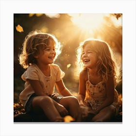 Two Little Girls Playing In The Autumn Leaves Canvas Print