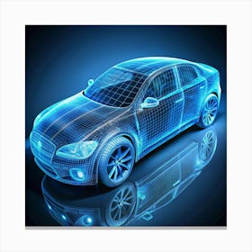 A wireframe model of a car, with a blue glow and a reflection on the ground. Canvas Print