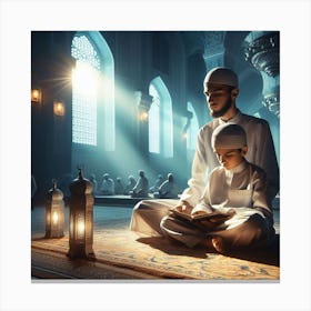 Muslim Boy Reading A Book In Mosqueلمشاعر الروحانية في رمضان Canvas Print