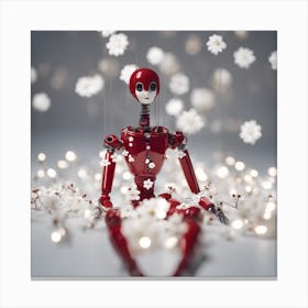 Porcelain And Hammered Matt Red Android Marionette Showing Cracked Inner Working, Tiny White Flowers (5) Canvas Print