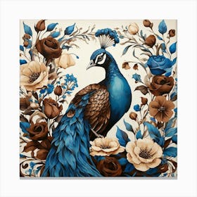 Floral Blue Brown Peacock Art Print 3 Canvas Print