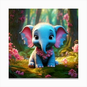 Firefly 3d, Animated, Cute, Little, Round, Turquoise, Elephant, Baby, Forest, Pink Flowers, Whimsica (7) Canvas Print