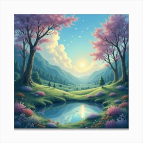 Serene Watercolor Landscape With Glowing Faeries 1 Canvas Print