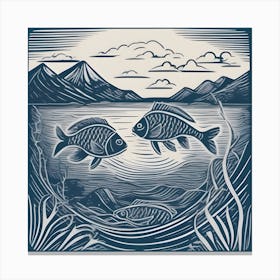 Two Fish In The Water Linocut Canvas Print