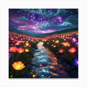 Flower Field In The Night Sky Canvas Print