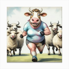 Cow Running With Sheep Canvas Print