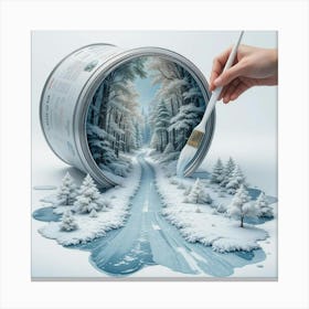 A surrealistic hyperrealistic artwork of a white winter large paint can tipped over, with its contents artistically formed into a vibrant winter magical forest landscape 1 Canvas Print