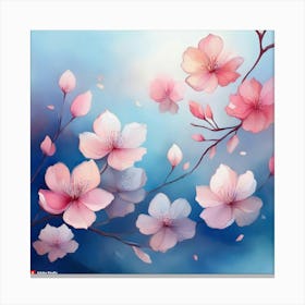 Firefly Abstract Cherry Blossom Petals In Watercolor Style, Floating Gently On A Misty Blue Backgrou (3) Canvas Print