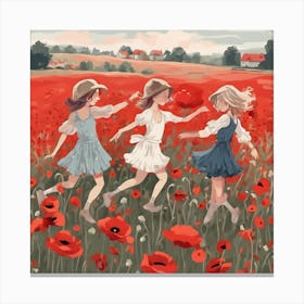 Three Girls In A Poppy Field Canvas Print