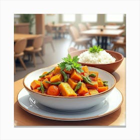 Watercolor Art Of A Savory And Aromatic Vegetable Curry On A Cozy Restaurant Table Canvas Print