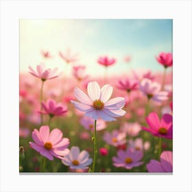 A Field Of Blooming Cosmos Flowers With A Soft, Dreamy Sky 4 Canvas Print