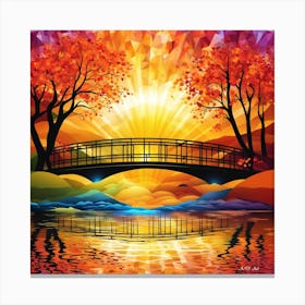 Autumn Sunrise With A Arch Bridge Over A River And Reflections At A Autumn Sunrise In A Abstract And Colorful Illustration Canvas Print