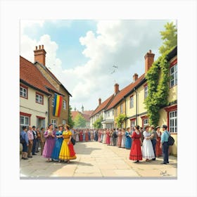 Watercolor View Of Romanian Celebrations In An English Town 1 Canvas Print