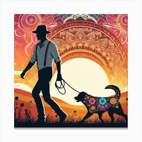 Boho art Silhouette of man with dog 1 Canvas Print