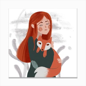 Fox and young girl Canvas Print