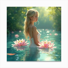 Beautiful Lady In A Watercolor Shimmering Pond 1 Canvas Print