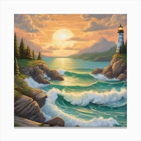 Lighthouse At Sunset Landscape 11 Canvas Print