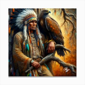 Oil Texture Native American Indian And Hawk Copy Canvas Print