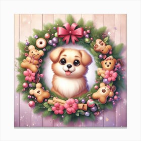 Cute Dog In A Christmas Wreath Frame Canvas Print