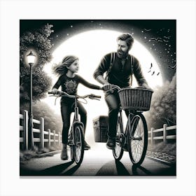 Father with Daughter Bicycle Riding Black and White photo Canvas Print