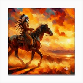 Oil Texture Native American Indian Riding On Prarie 2 Canvas Print