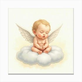 Baby With Angel Wings Sitting On A Cloud In A Soft Watercolor Scene Canvas Print