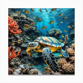 Turtle Beside A Coral Reef Canvas Print