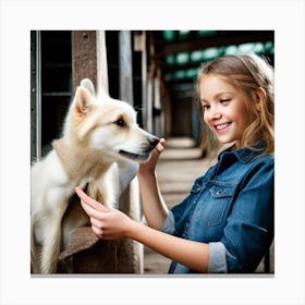 Girl Grooming Dog Canvas Print