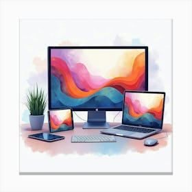 Next Gen Smart Devices On A Sleek Desk, Watercolor Of Vibrant Tech Colors Canvas Print