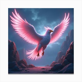 A Mythical Griffin With Feathers Of Shimmering, Neon Light Soaring Through A Magical Landscape Canvas Print