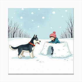 A Husky Dog And A Girl Building A Snow Fort In A Snowy Landscape, Watercolor Canvas Print