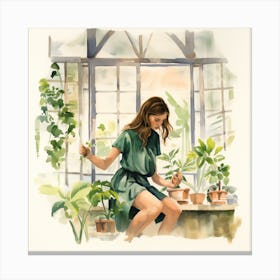 Girl In A Greenhouse 2 Canvas Print