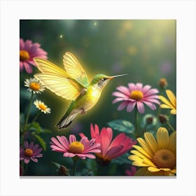 A Glowing Hummingbird With Wings Of Daisies Fluttering Through A Magical Garden Of Oversized Flowers 1 Canvas Print