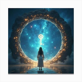 A Woman Standing In Front Of A Magical Portal, Holding A Glowing Key, With Galaxies Swirling Inside Canvas Print