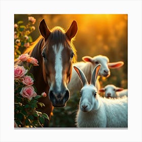 Horse And Sheep With Roses Canvas Print