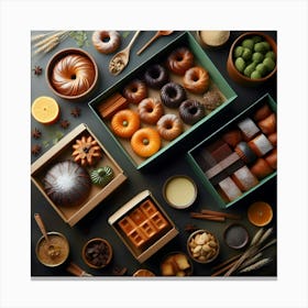 An Overhead View Of Dark Green And Orange Boxes, Flat Lay, Product Shot, Bakery 2 Canvas Print