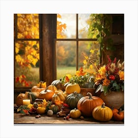 Autumn Harvest Celebration Captured In A Rustic Farmhouse Setting Pumpkins And Various Gourds Offer (3) Canvas Print