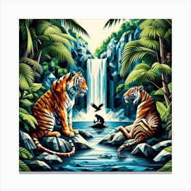 Geometric Art Tigers at the waterfall 1 Canvas Print