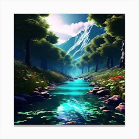 River In The Forest, blue sky, wall art, trees, and sun. good look, Canvas Print