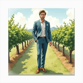 Charming Man In Watercolor Suit, Serene Vineyard 1 Canvas Print