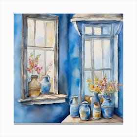 Blue wall. Open window. From inside an old-style room. Silver in the middle. There are several small pottery jars next to the window. There are flowers in the jars Spring oil colors. Wall painting.45 Canvas Print