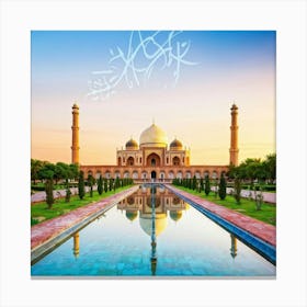 Mosque With Intricate Islamic Architecture Reflecting Pool Mirroring The Edifice Minarets Piercing Canvas Print